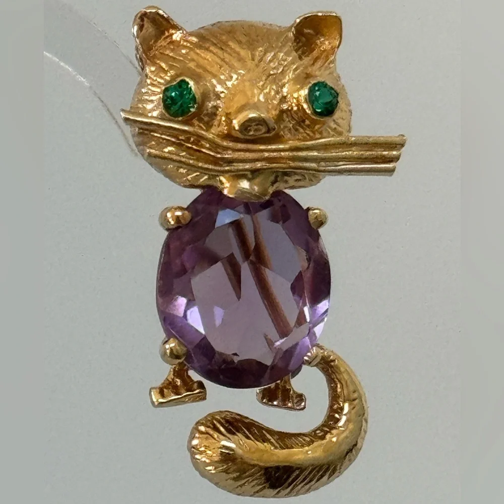 14k real solid gold amethyst emeralds eyes Cat brooch